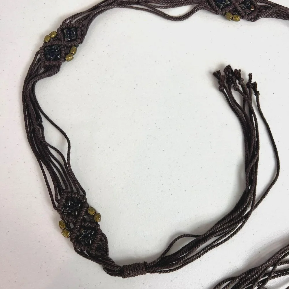 Brown Woven Boho Tie Belt Flower Beads Women's Size S / M (See Measurements)